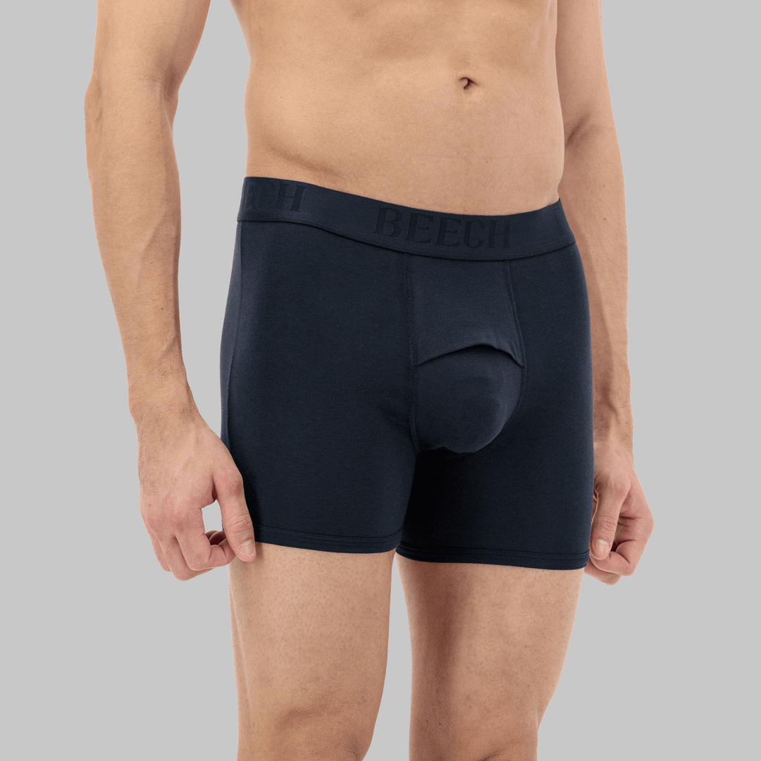 Men’s mid-length navy boxer with fly – premium, moisture-wicking fabric, anti-chafing fit