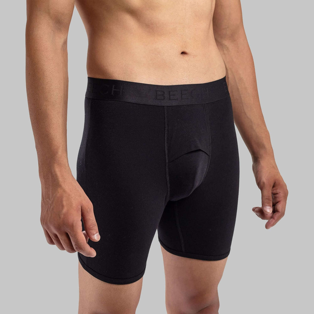 Black long boxer with fly – moisture-wicking, no chafing, premium micromodal fabric