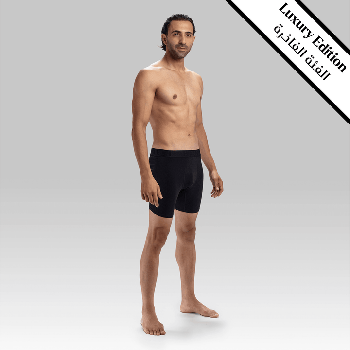 Side view of black long boxers for men – premium and moisture-wicking fabric