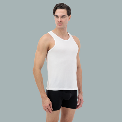 Luxury white tank top for men, soft micromodal fabric, front view