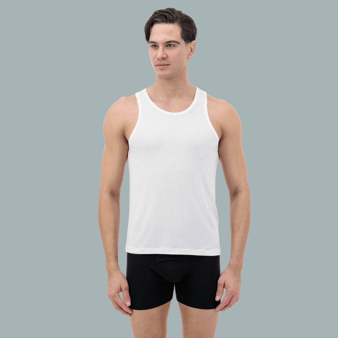 Men’s premium white tank top, ideal for layering, front view
