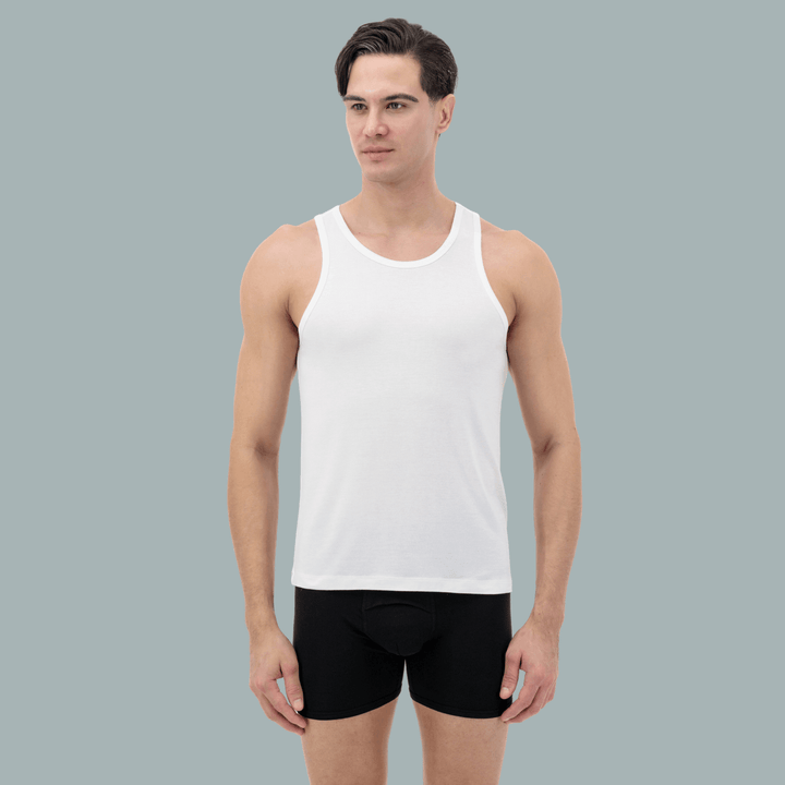 Men’s premium white tank top, ideal for layering, front view