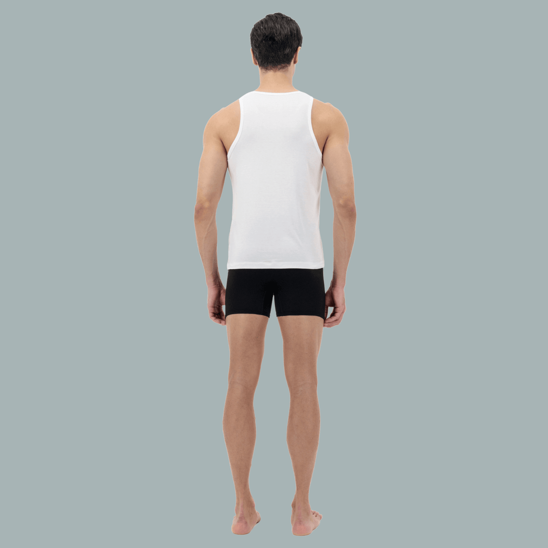 Back view of luxury men’s tank top, comfortable fit, moisture-wicking