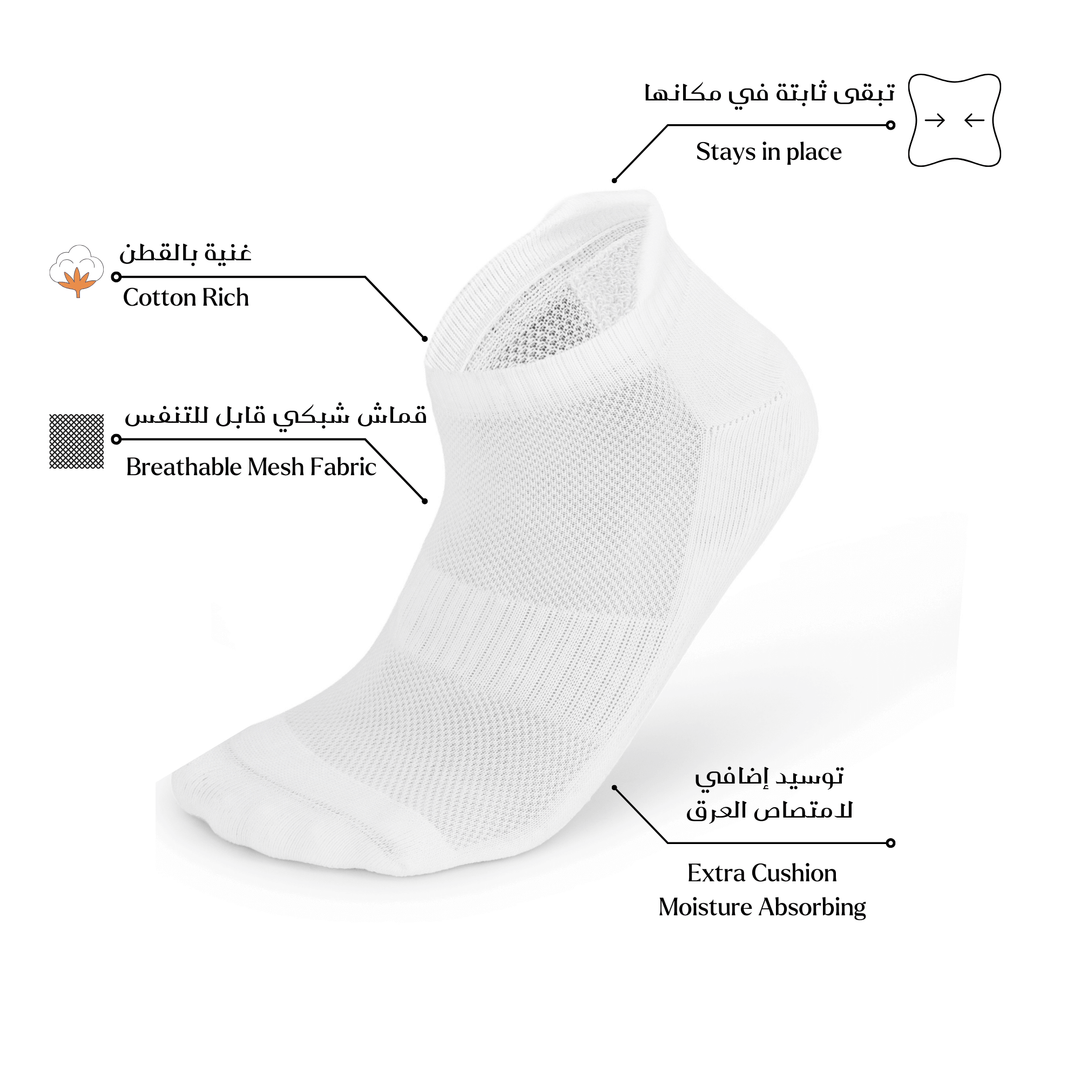 Diagram showcasing features of low ankle cotton socks in white