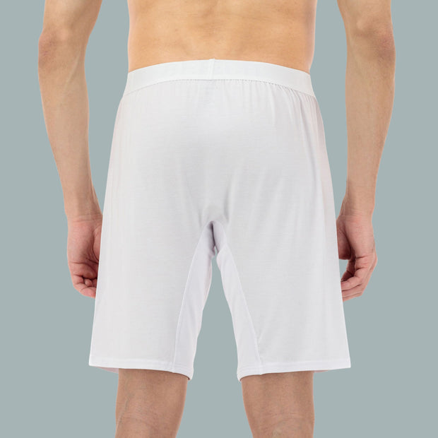 Back view of loose white long boxers, designed to prevent irritation