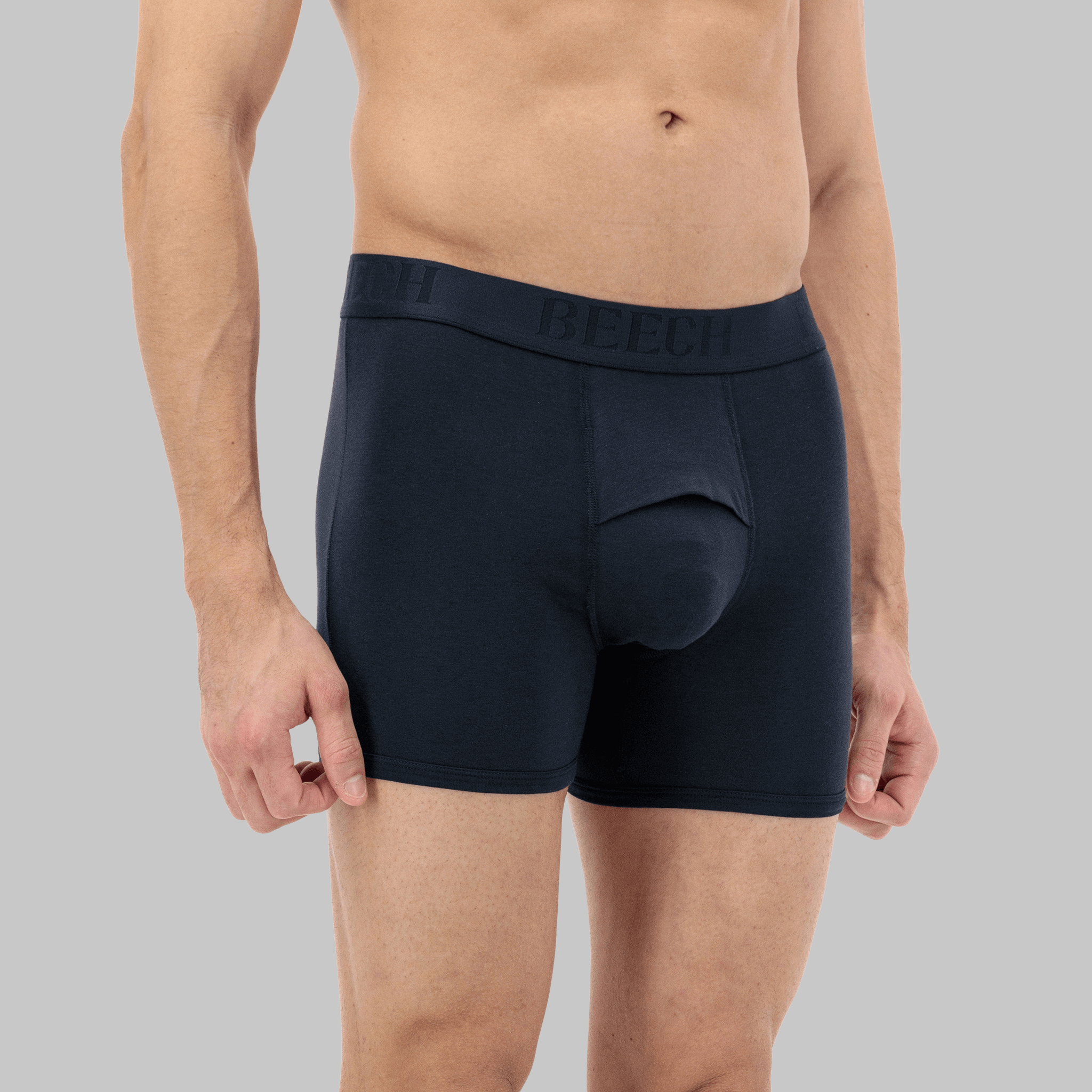 Men’s mid-length black boxer with fly – comfortable, moisture-wicking fabric, and anti-chafing design