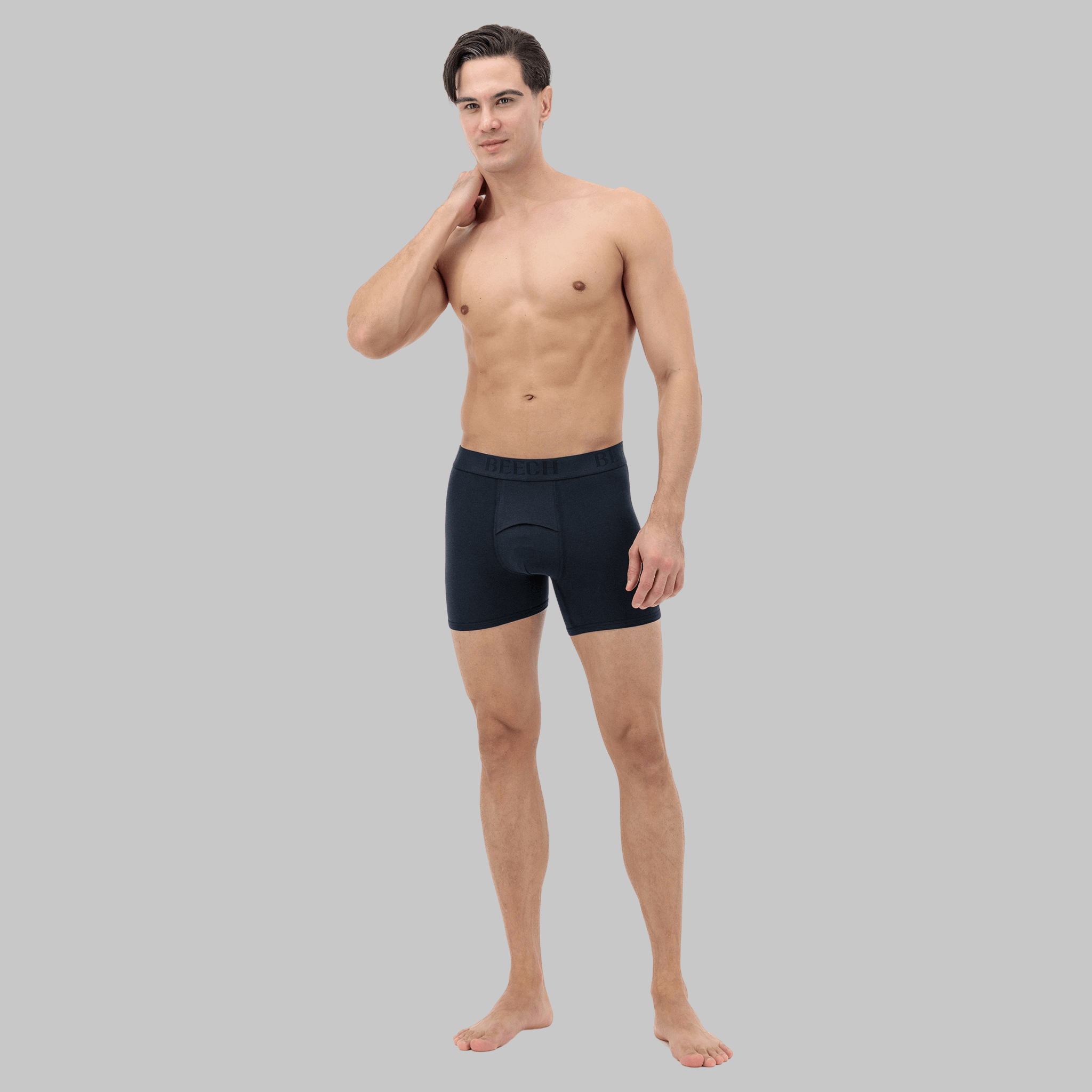 Full view of black mid-length boxer with fly – soft fabric for sensitive skin, designed for comfort and moisture control